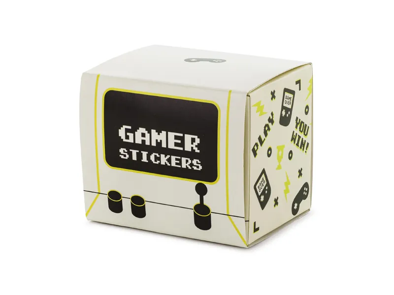 Caixa branca de papel com design retro de videojogo com texto Gamer Stickers.