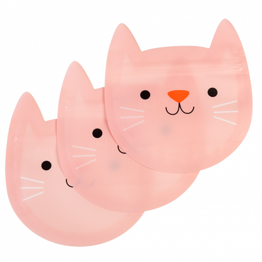 Sacos reutilizáveis em formato de rosto de gato cor-de-rosa