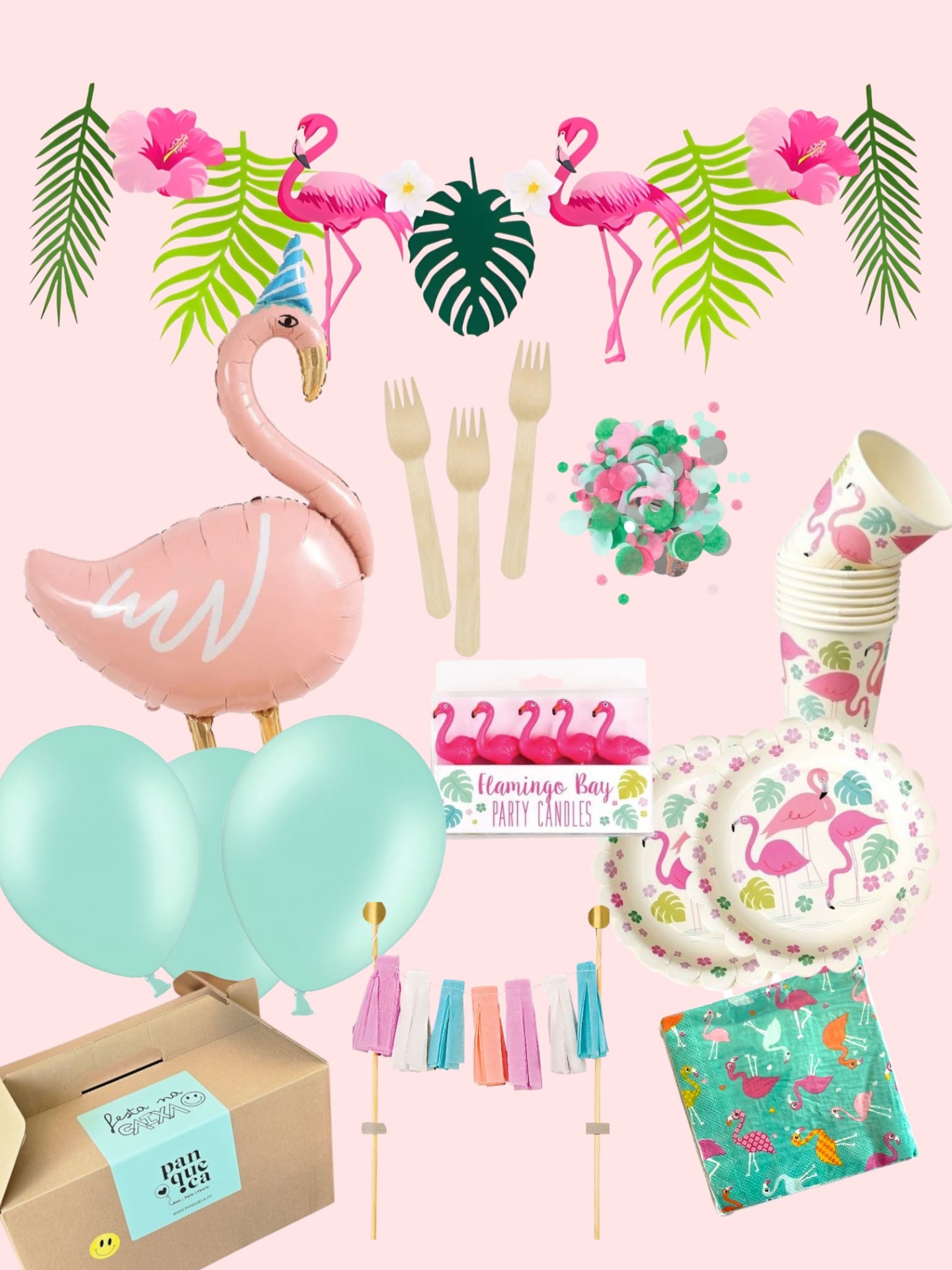 Kit festa flamingo com balão, pratos, copos, velas e decorações em tons rosa e verde