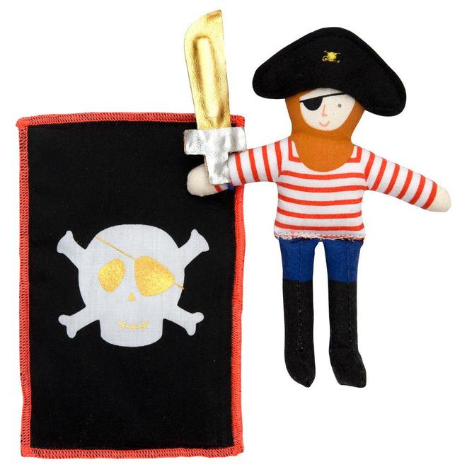 Brinquedo infantil de pirata com bandeira preta com caveira e marioneta de tecido