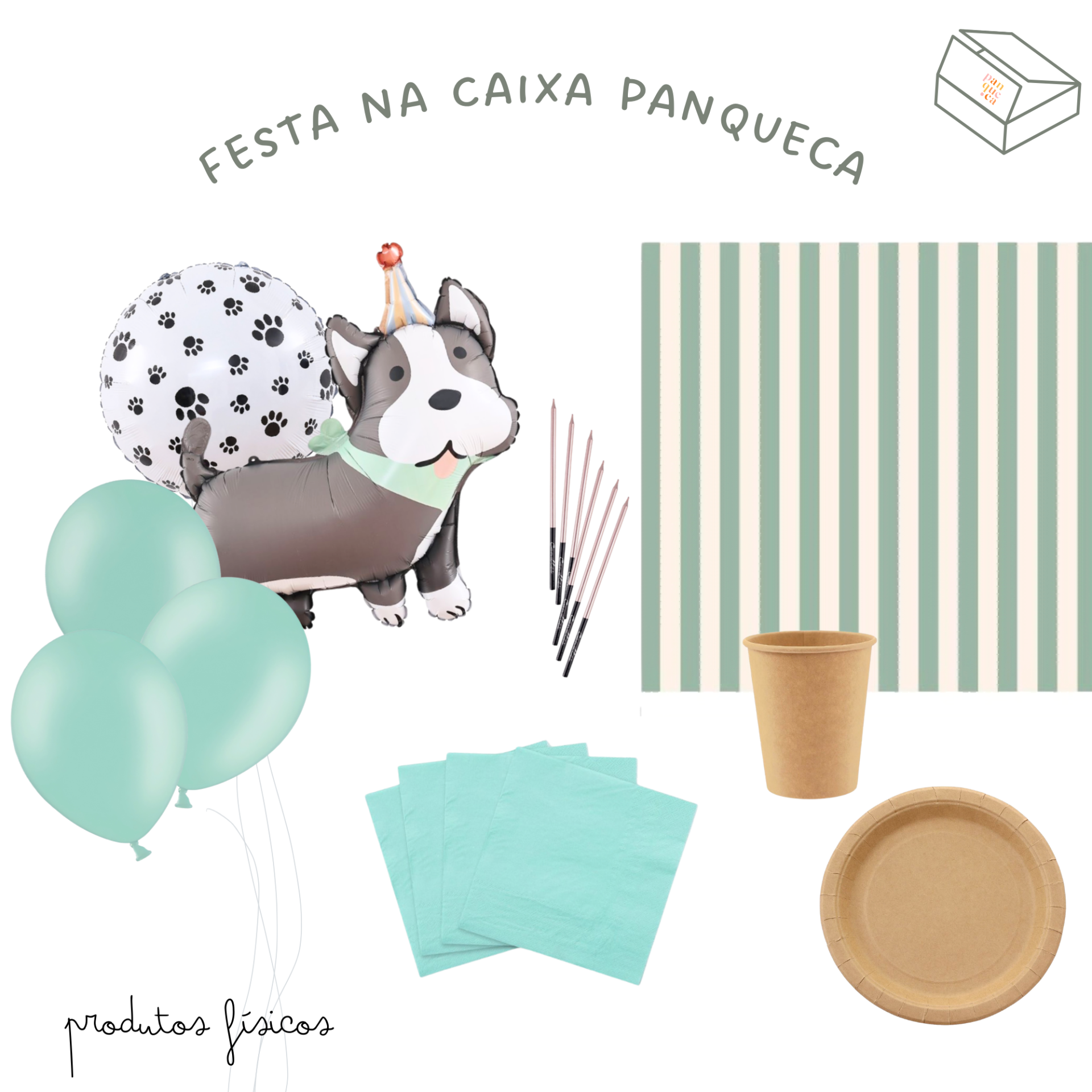 Conjunto de festa com balões verdes, balão cão, guardanapos, copo, prato, velas e toalha riscada