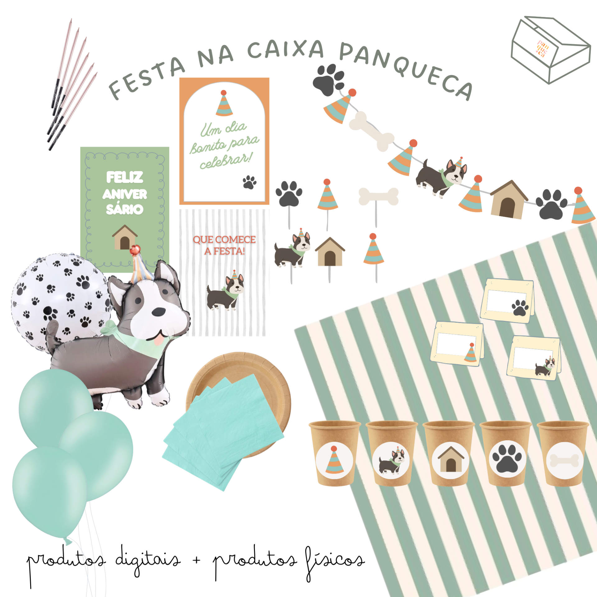 Kit de decoração para festa de aniversário com tema cão em tons verdes e laranja