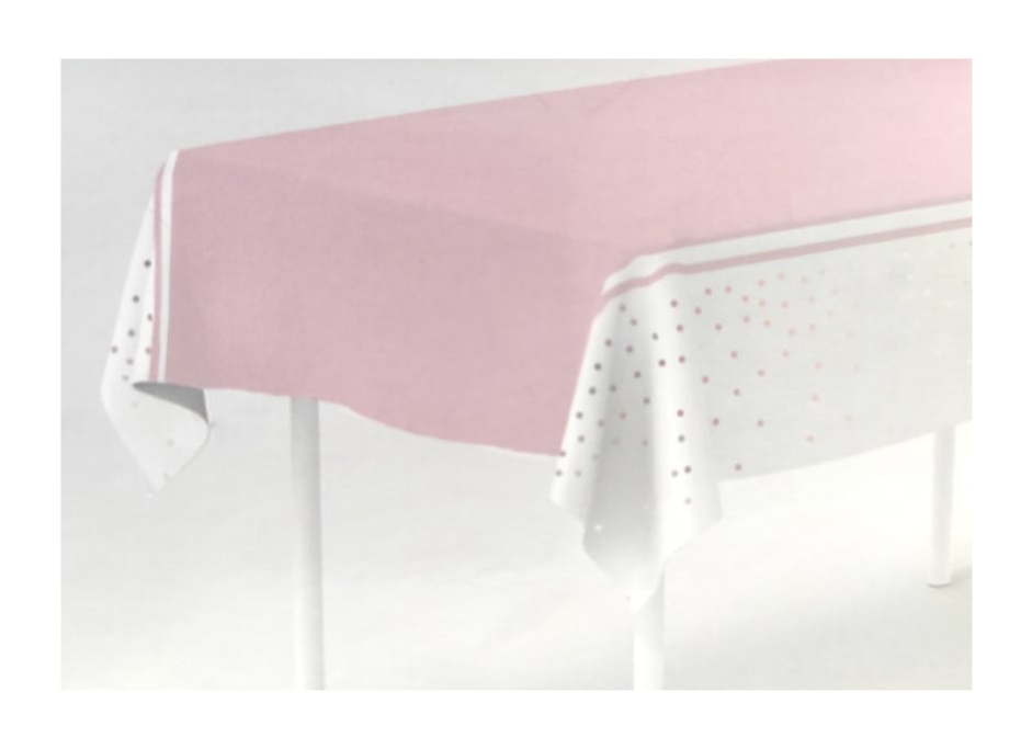 Toalha de mesa retangular rosa com bordas brancas e pontos coloridos