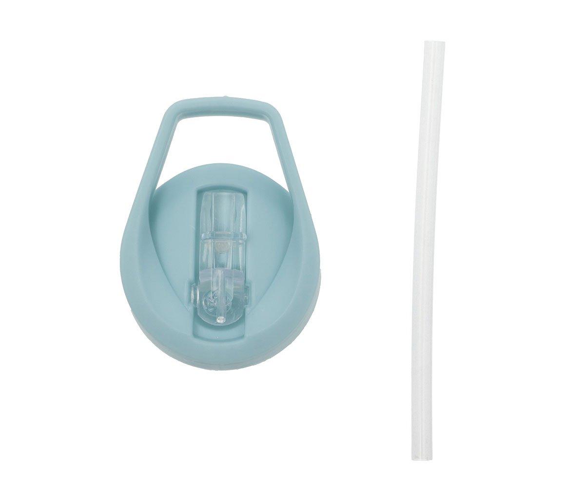 Tampa azul claro em plástico com tampa transparente e canudo branco