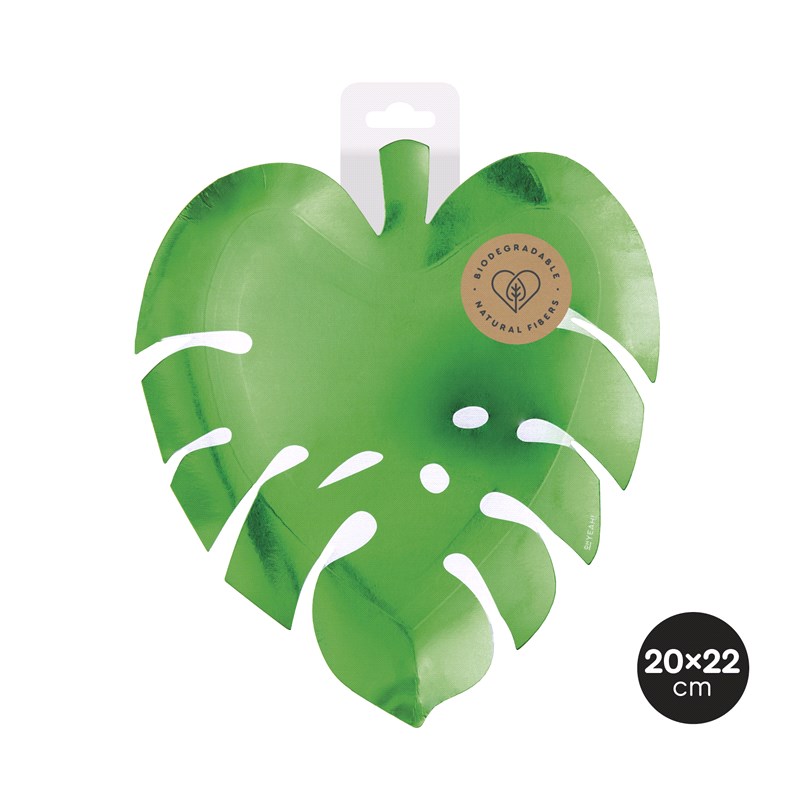 produto de papel em forma de folha verde com recortes e etiqueta biodegradável