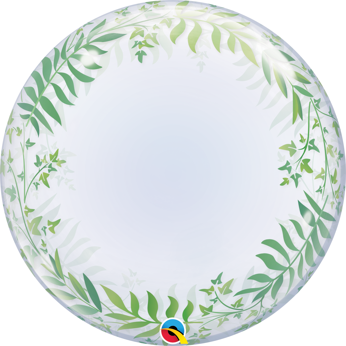 Balão redondo transparente com folhas verdes na borda e fundo azul
