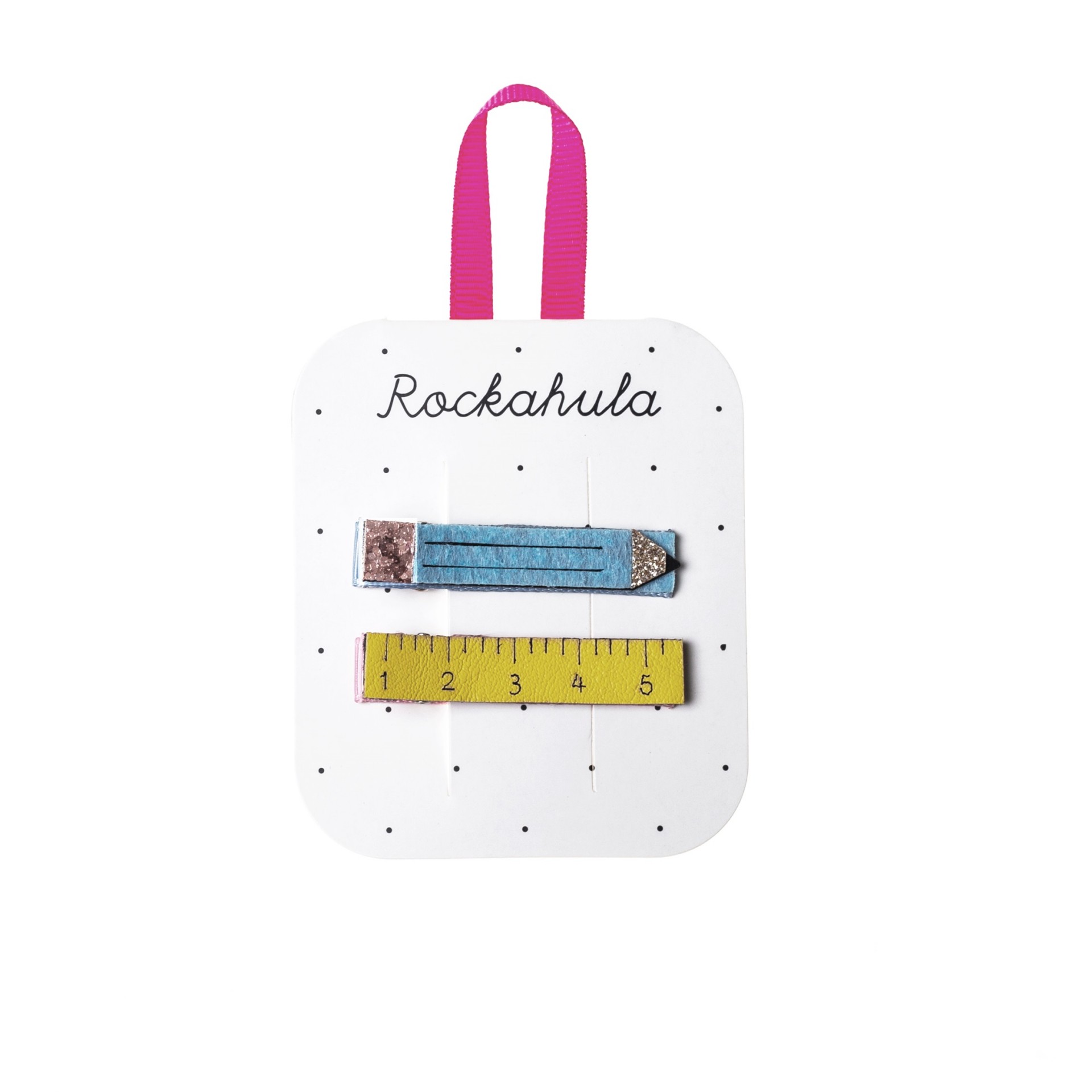 Conjunto de ganchos de cabelo azul e amarelo com padrão de régua, marca Rockahula