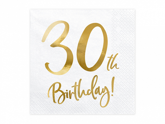 Guardanapo branco com texto dourado '30th Birthday!'