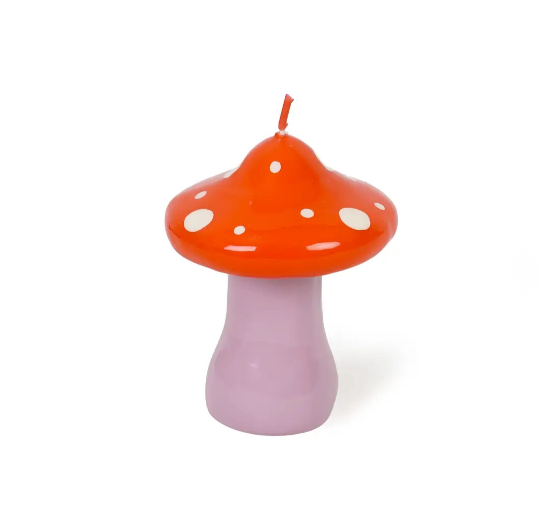 Vela decorativa em forma de cogumelo vermelha e rosa