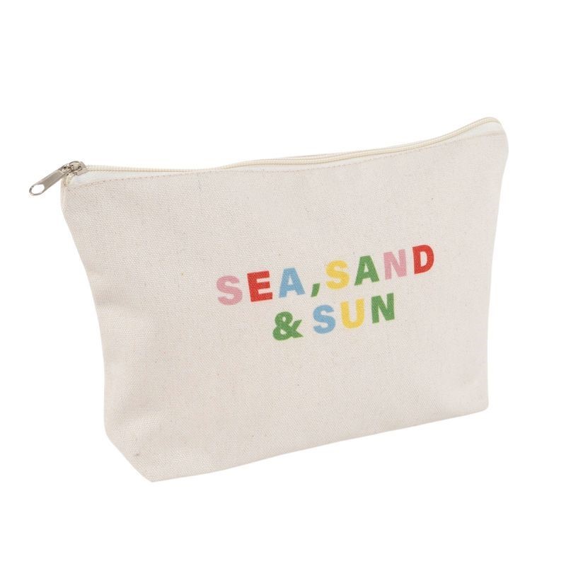 Bolsa de tecido com fecho e texto SEA, SAND & SUN colorido