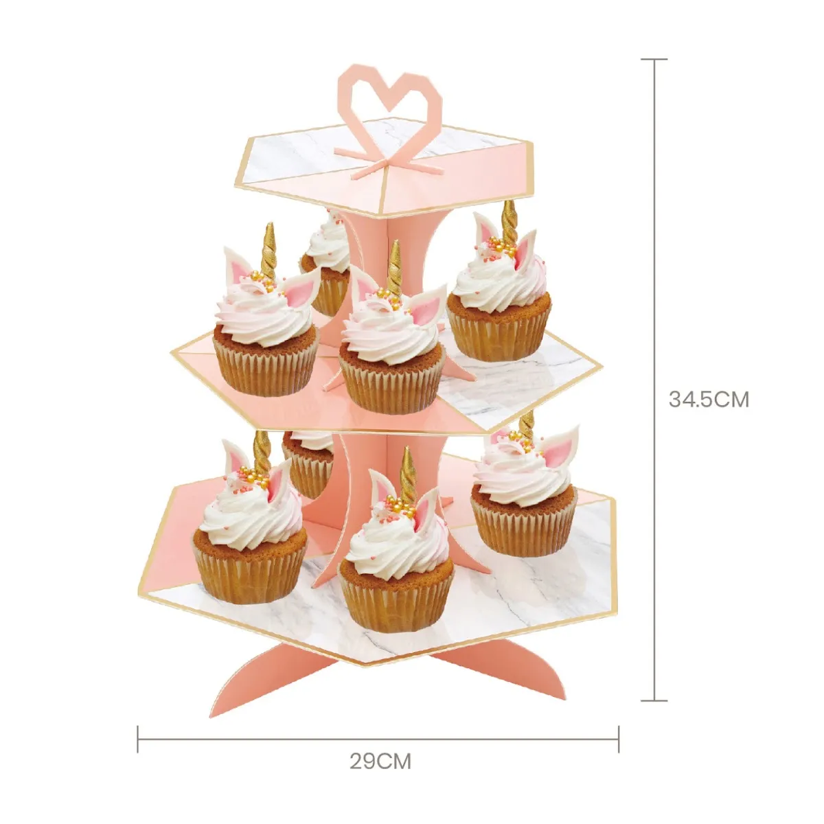 Suporte para cupcakes de três níveis rosa com padrão marmoreado e cupcakes decorados