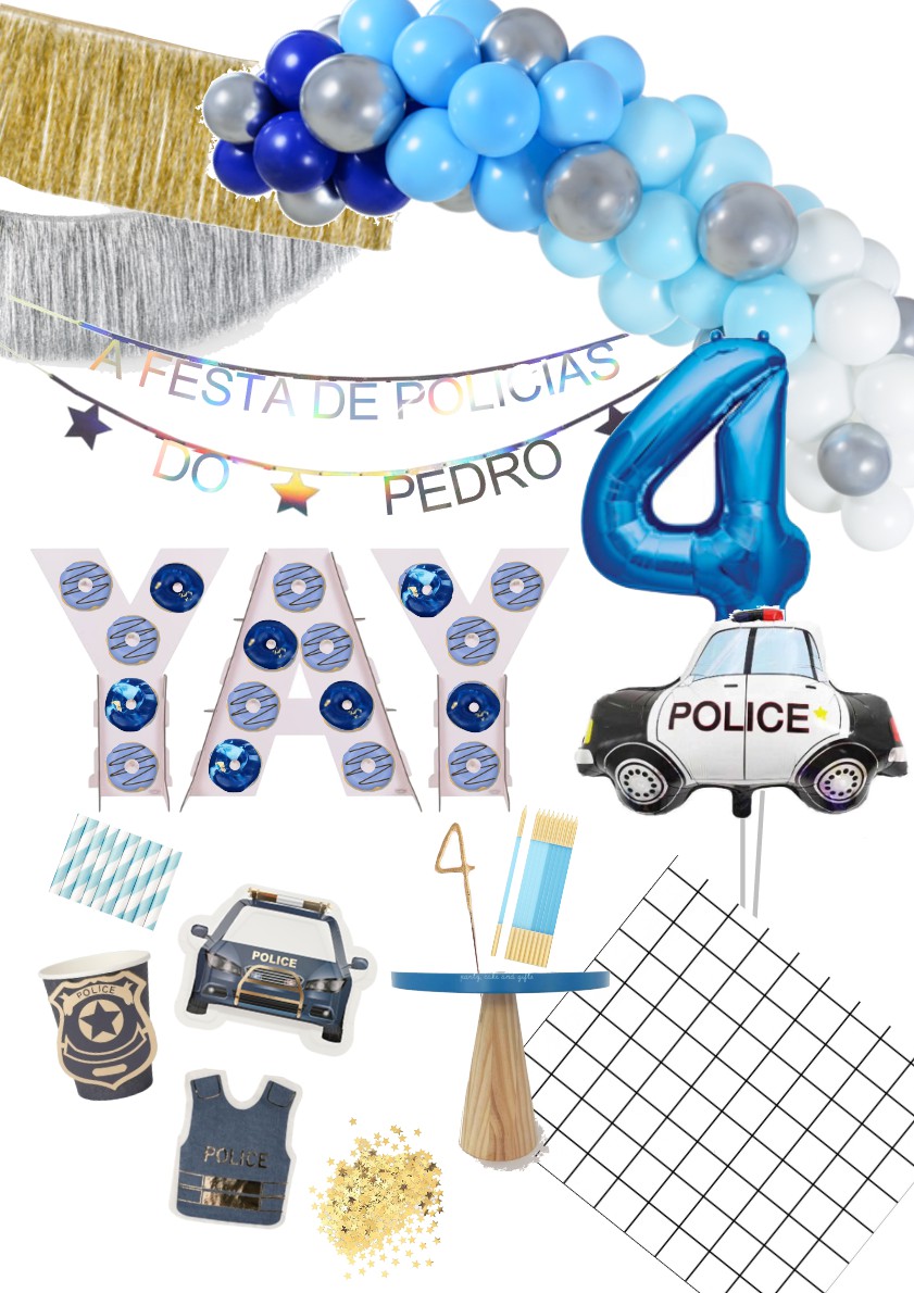 Decoração de festa de polícia com balões, cartazes YAY, balão número 4 e carro de polícia