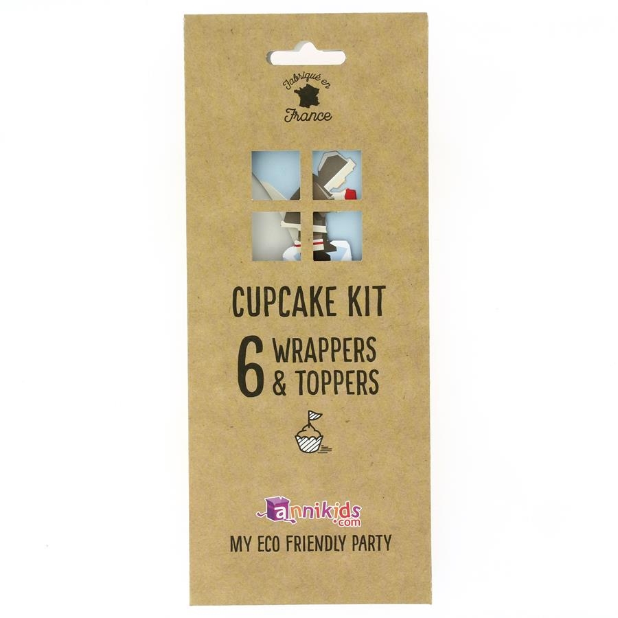 Kit para cupcakes com 6 wrappers e toppers em saco castanho com texto e pequenos desenhos