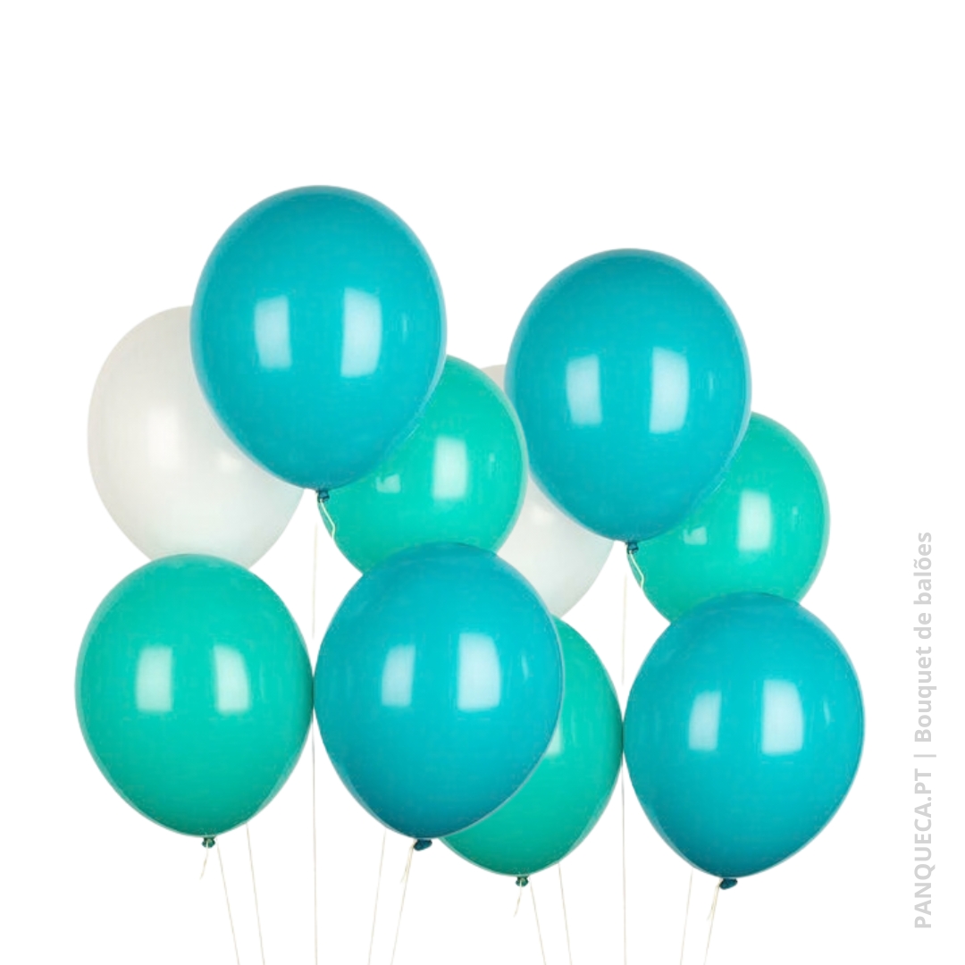 Balões redondos azul, verde e branco com acabamento brilhante