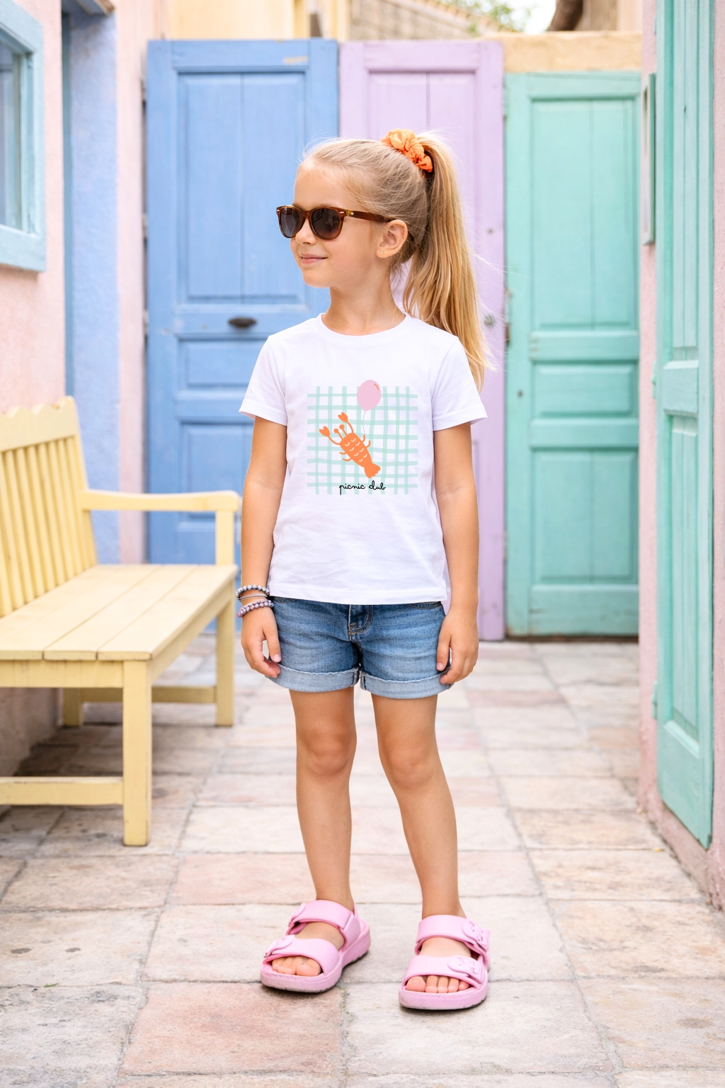 Menina com óculos de sol e t-shirt branca com estampa de lagosta azul e rosa, calções de ganga e sandálias cor-de-rosa