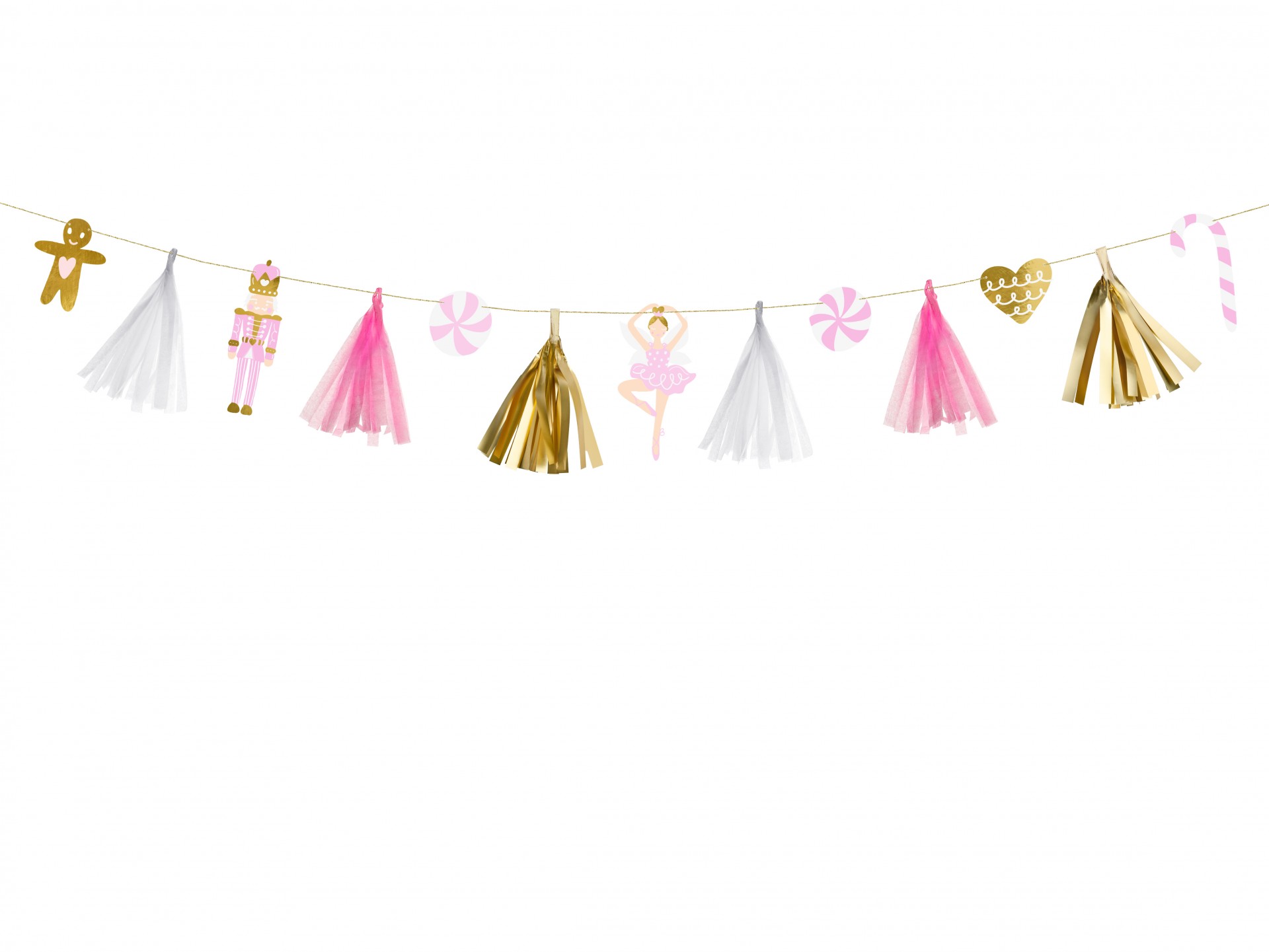 Guirlanda decorativa com figuras de papel dourado e rosa pendurada.