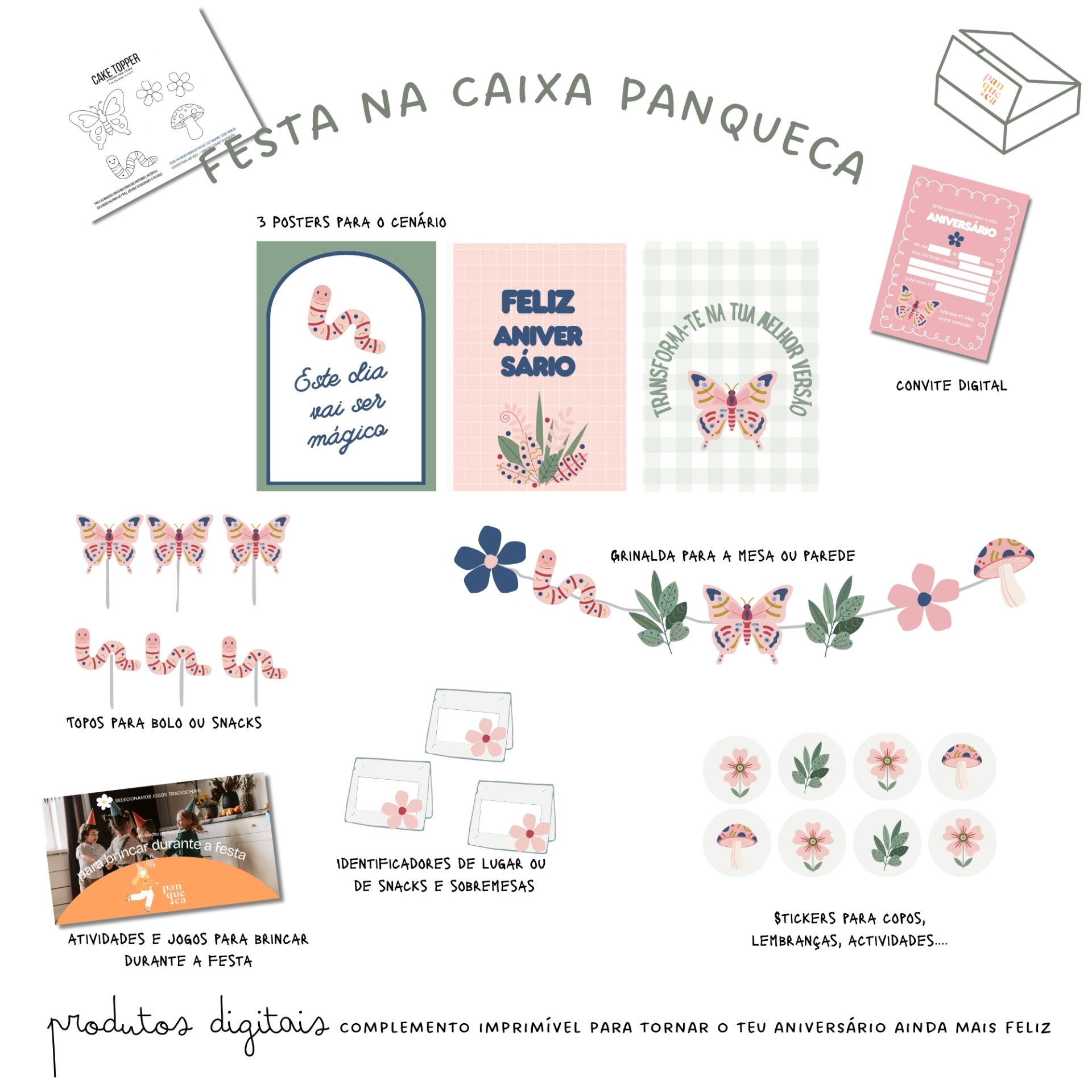 Elementos digitais decorativos para festa de aniversário com desenhos de vermes, borboletas, cogumelos, flores e texto em português.