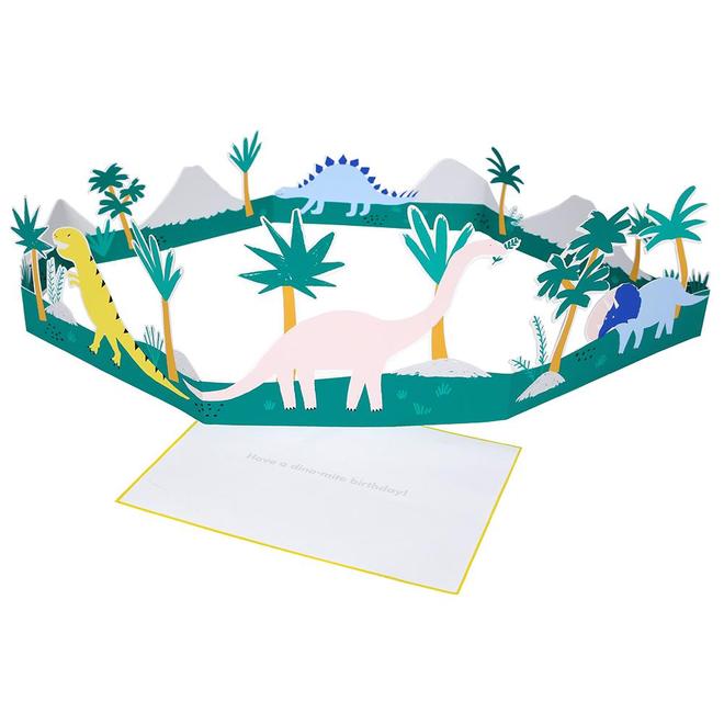 Cartão pop-up com dinossauros e plantas tridimensionais em cores variadas