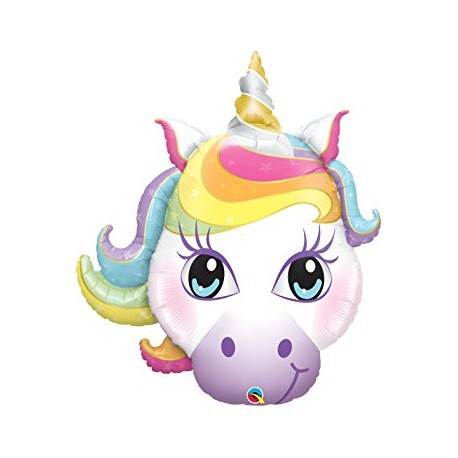 Balão metálico em forma de unicórnio colorido com chifre dourado