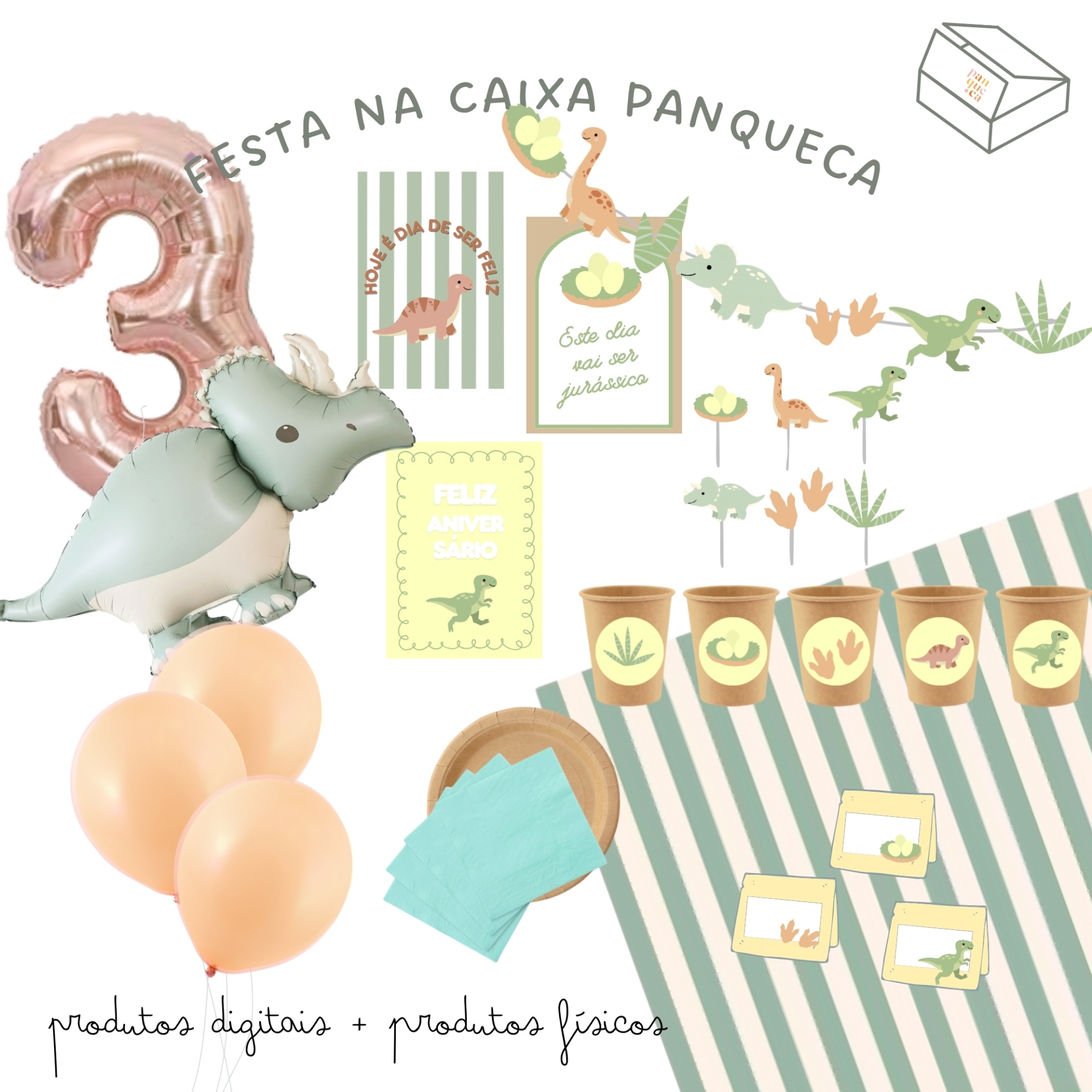 Decoração festa infantil tema dinossauros com balões e elementos em papel