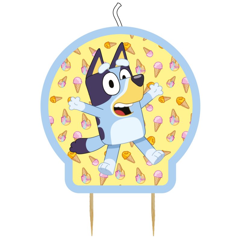 Vela decorativa azul e amarela com personagem Bluey e padrão de gelados