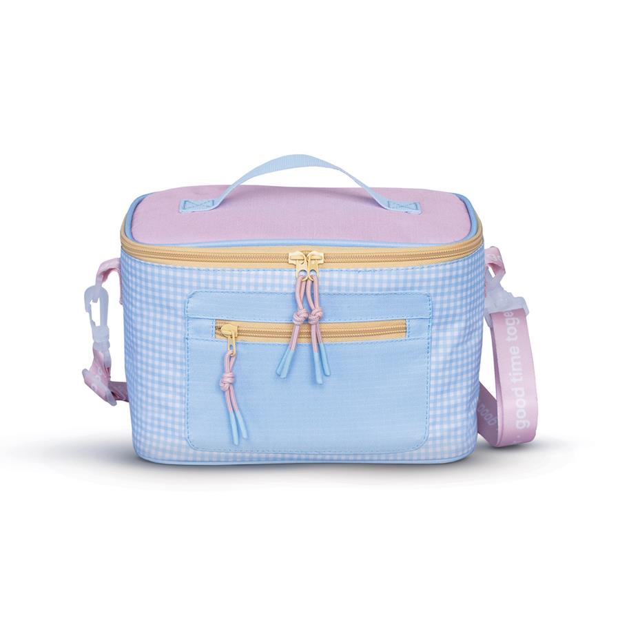 Bolsa térmica azul claro e rosa com alça e zíperes amarelos