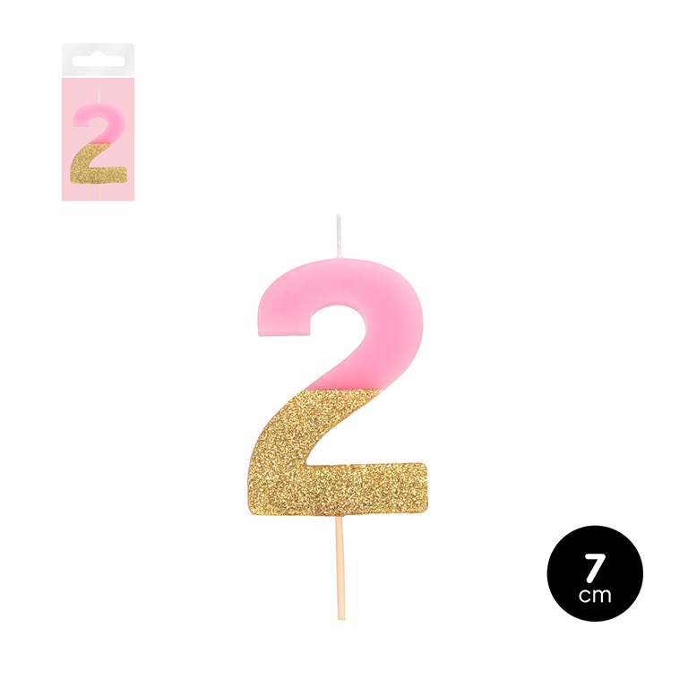 Vela de aniversário número 2 rosa e dourada com glitter, 7 cm