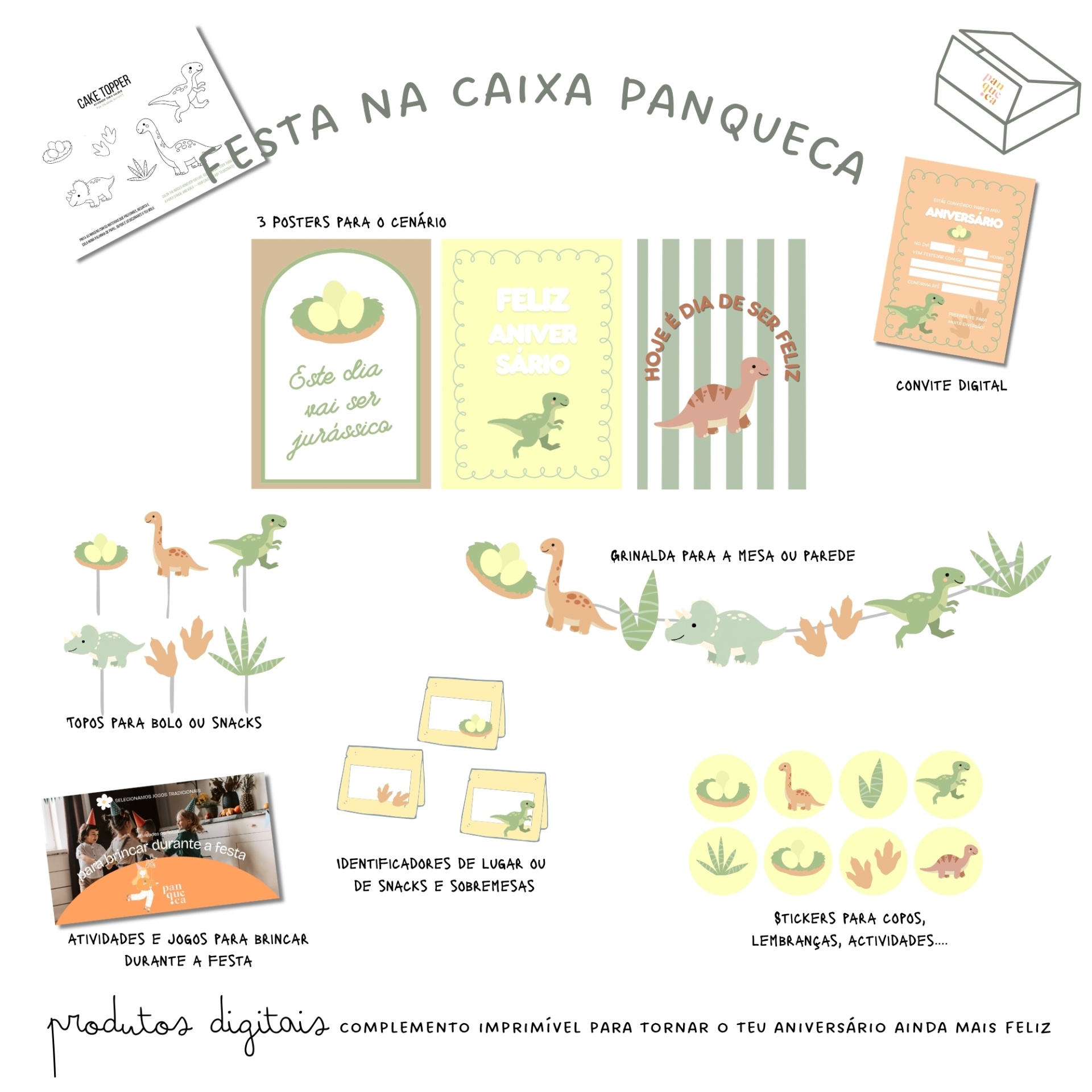 Conjunto digital para festa com tema dinossauros e elementos decorativos em tons pastel