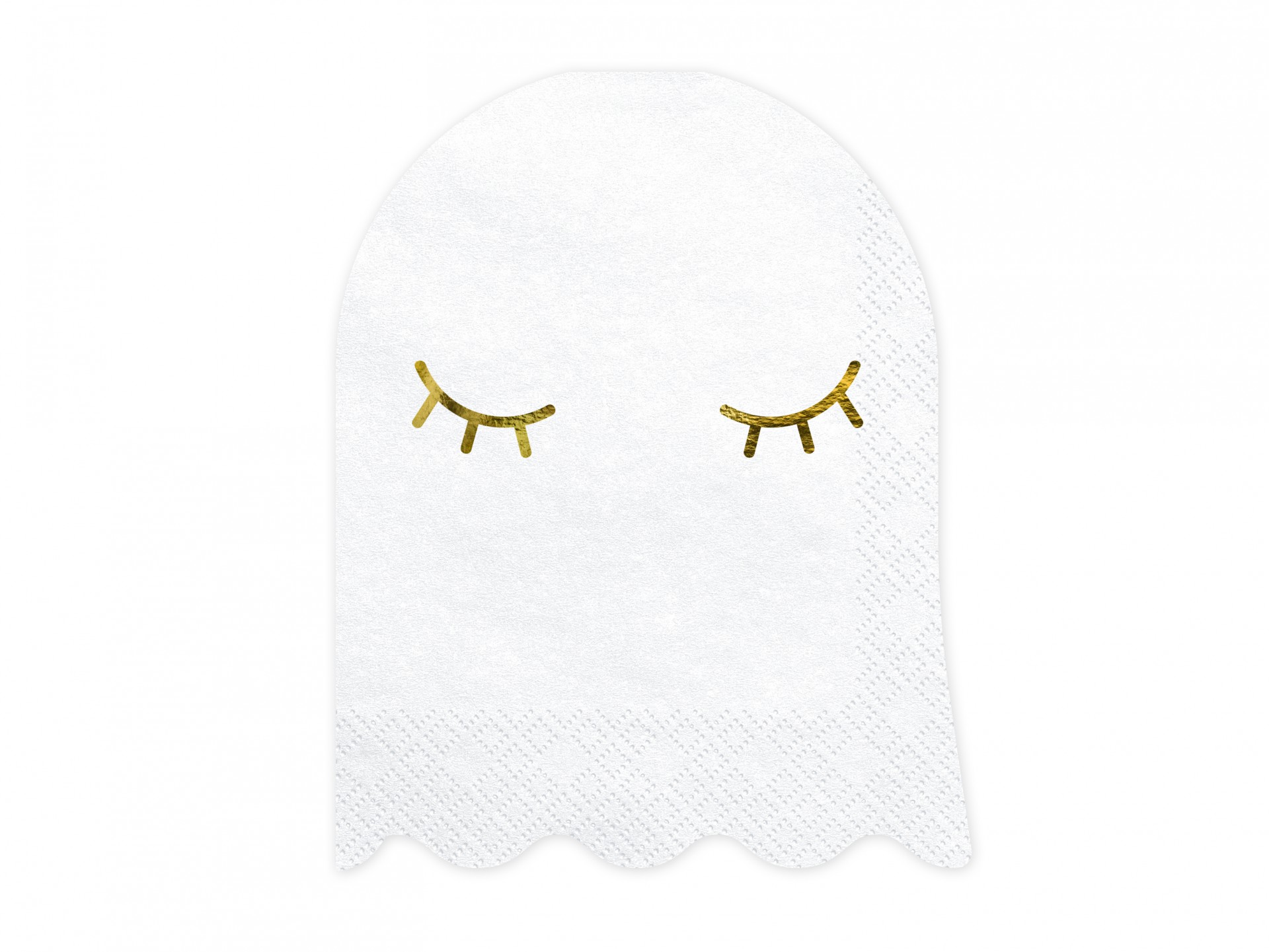 Guardanapo branco em forma de fantasma com olhos fechados dourados