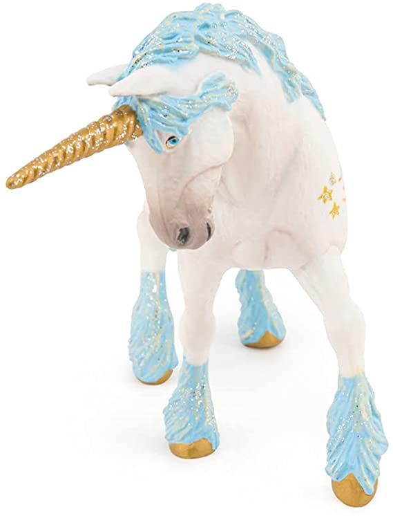 Estatueta de unicórnio branco com detalhes azuis e dourados
