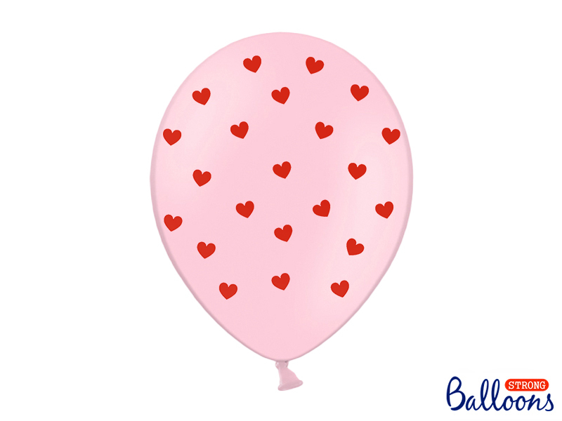 Balão rosa com corações vermelhos e logo Balloons STRONG