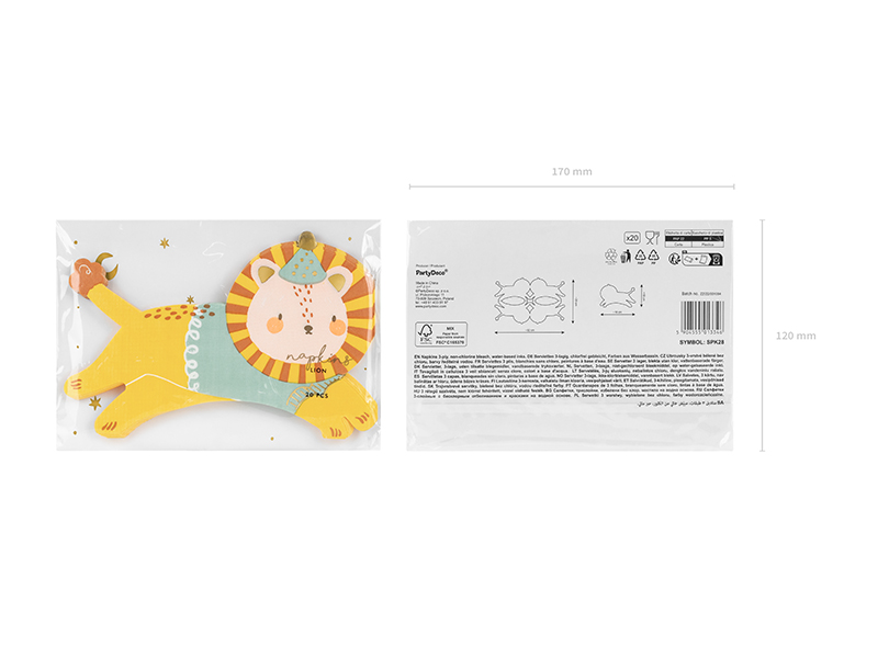 Brinquedo de tecido amarelo com forma de leão, embalado em plástico