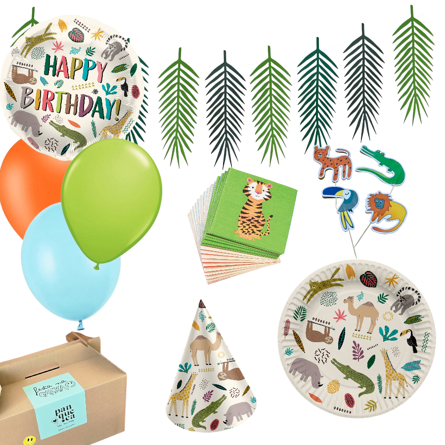 Conjunto de festa infantil com tema de animais selvagens e decoração em verde e cores vivas