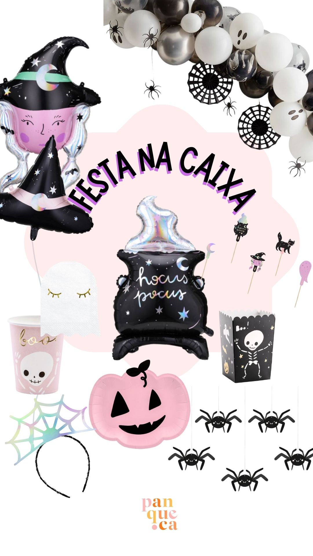 Decoração de festa Halloween com balões, copo, prato, tiara e enfeites de aranhas em fundo branco.