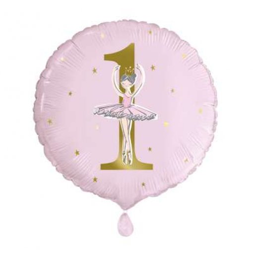 Balão redondo cor-de-rosa com número 1 e bailarina dourada