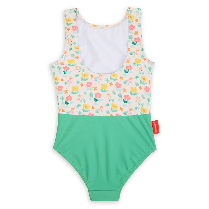 Fato de banho infantil com estampado floral e verde sólido