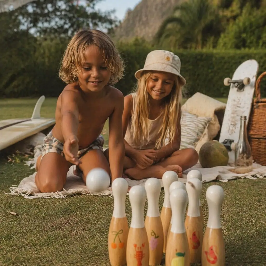 Jogo de boliche infantil em madeira com desenhos coloridos, crianças a jogar ao ar livre