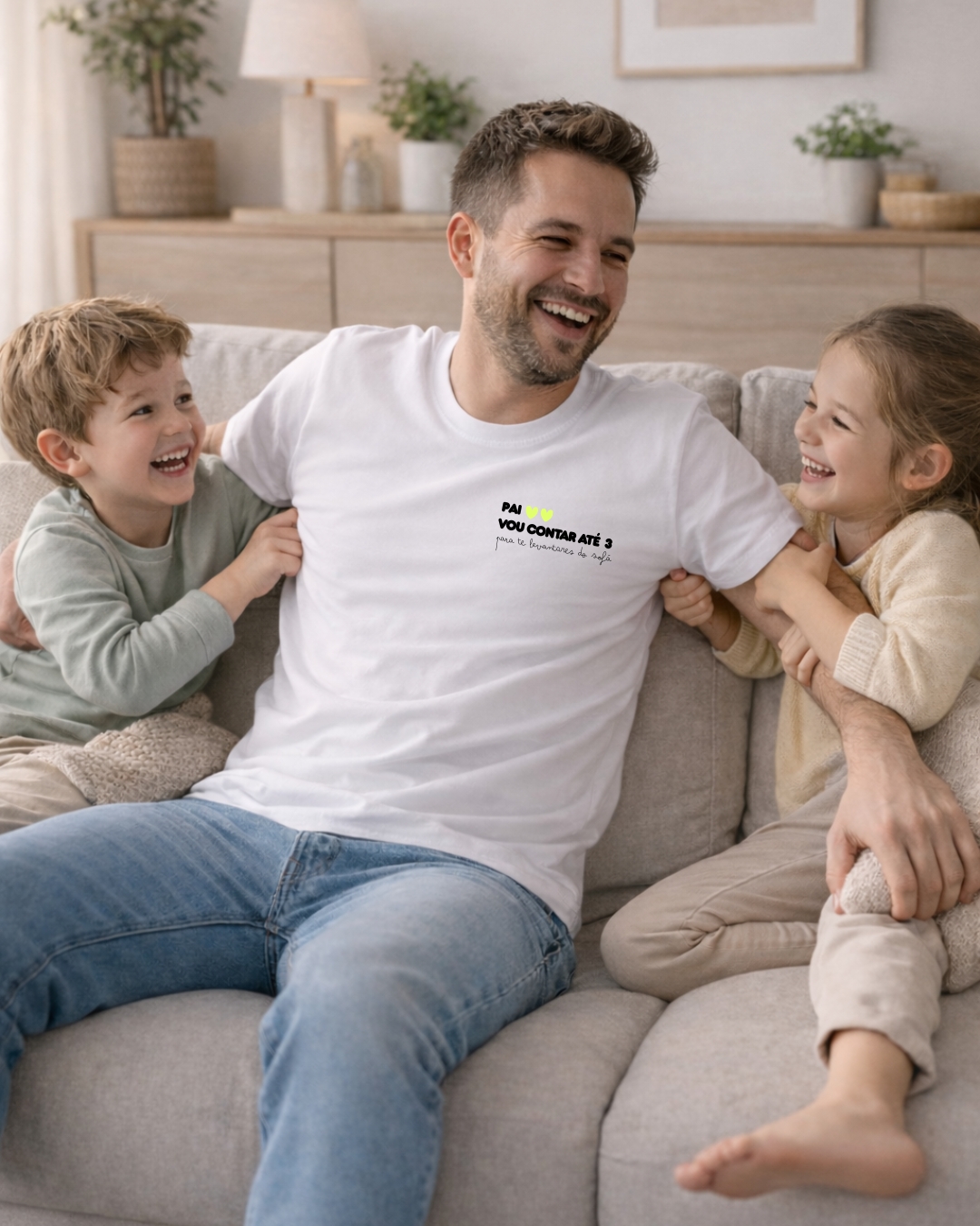 T-shirt branca com texto em preto e amarelo usada por homem no sofá com duas crianças