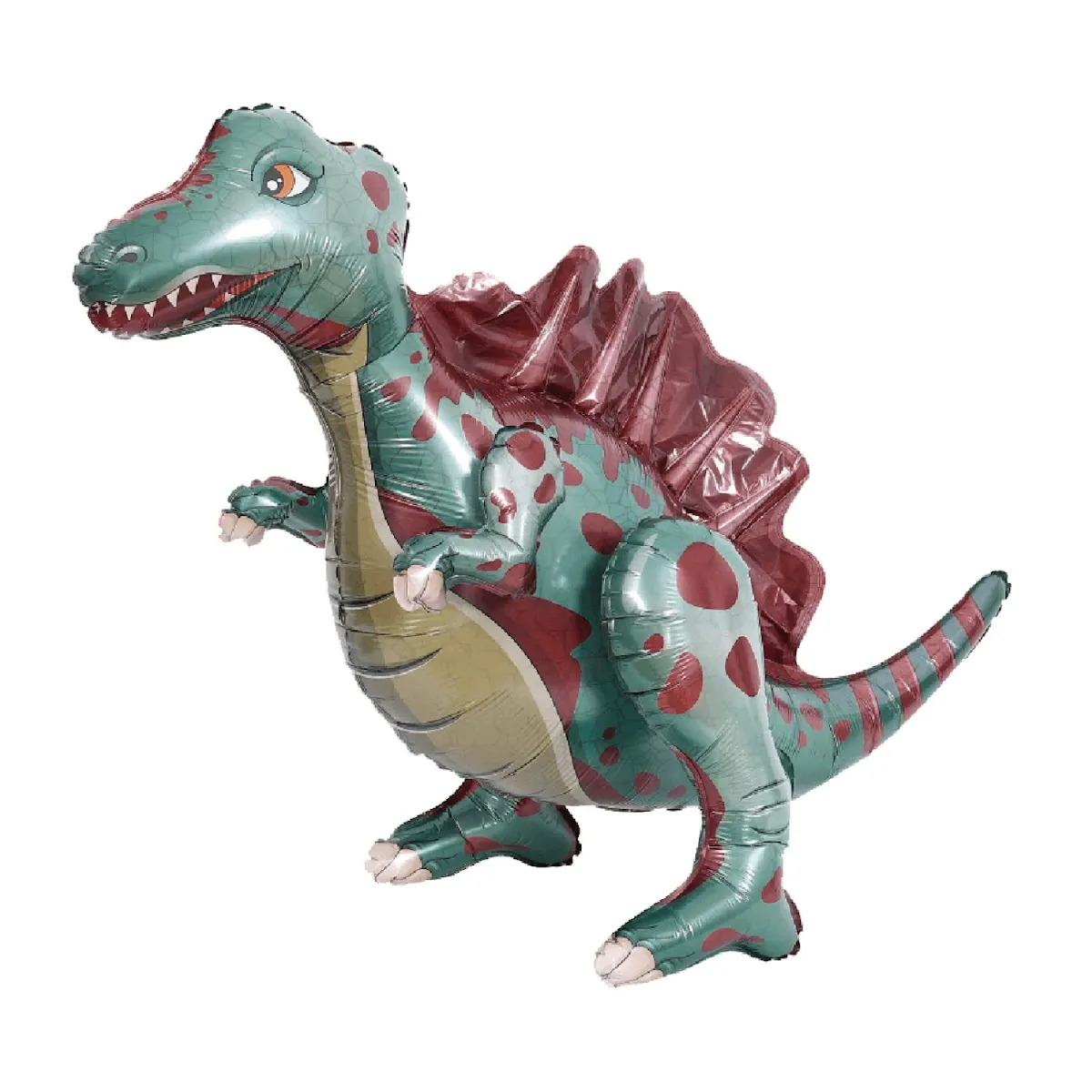 Balão dinossauro verde com manchas vermelhas e barriga bege