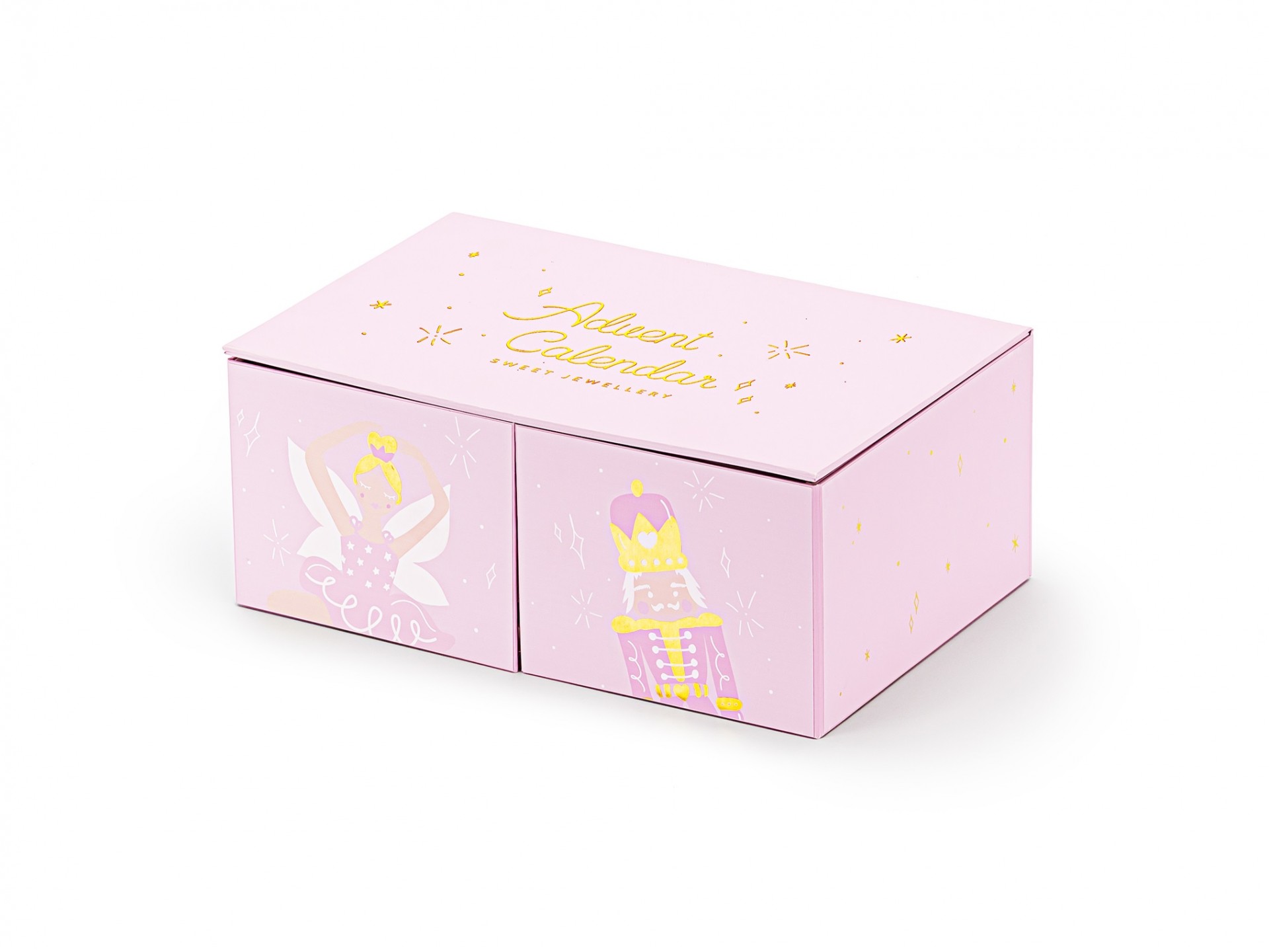 Caixa rosa com desenhos de fada e soldadinho de chumbo e texto dourado Advent Calendar