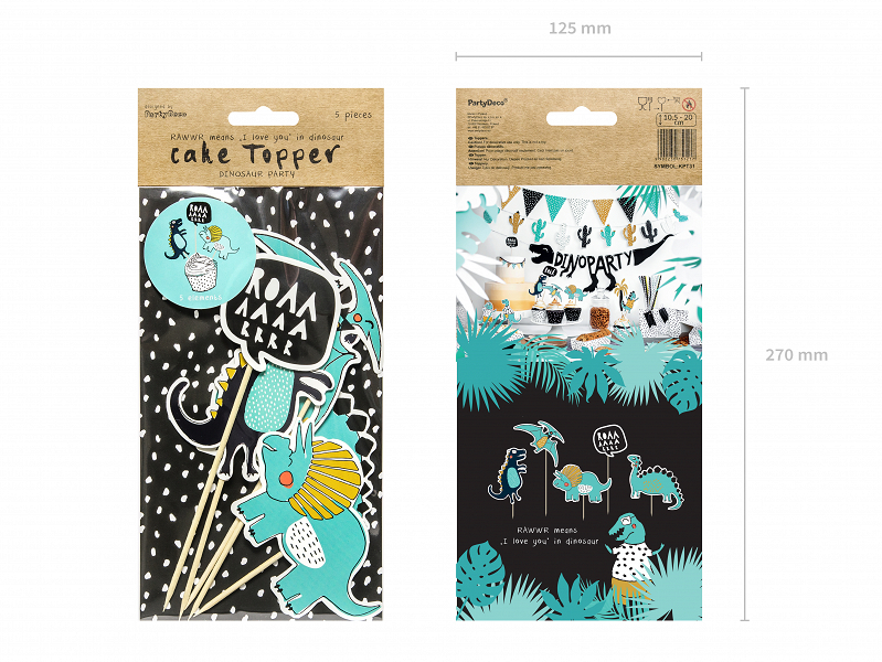 Cake toppers de dinossauros em cartão colorido com suporte de madeira em embalagem