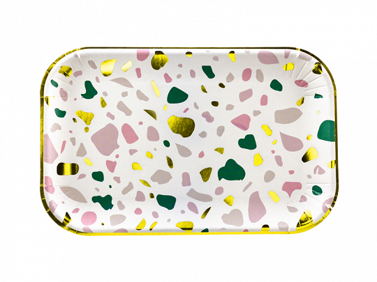 Tabuleiro retangular branco com padrão colorido de manchas e dourado