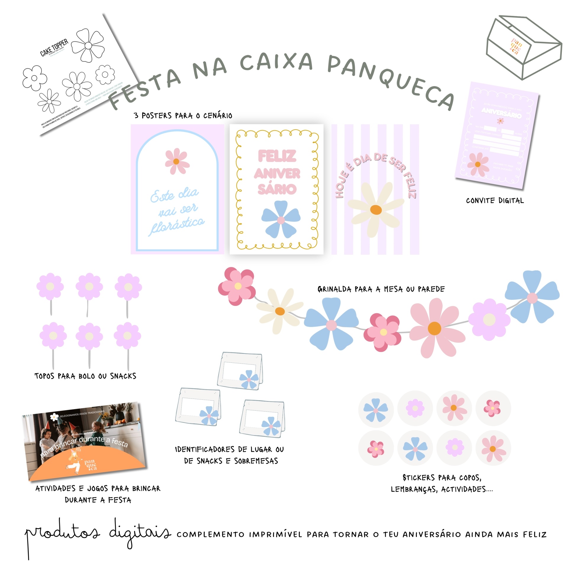 Conjunto digital de decoração de festa com flores, posters e convite digital lilás