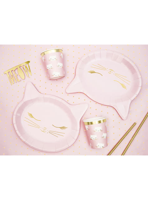 Conjunto de festa rosa com desenho de gatos dourados e detalhes em dourado
