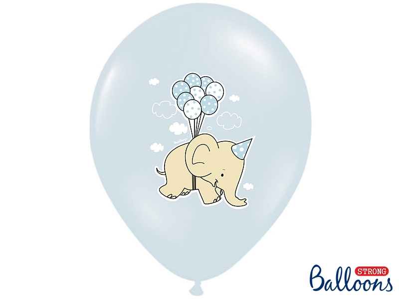 Balão azul claro com desenho de elefante e balões