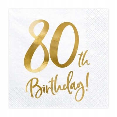 Guardanapo branco com texto dourado '80th Birthday!'