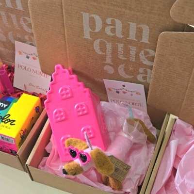 Caixa castanha com boneco de cão em feltro com óculos de coração e casa rosa de plástico