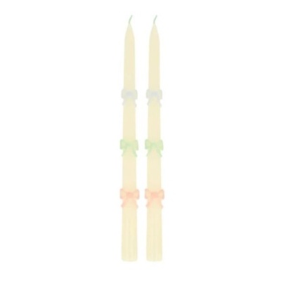 Par de velas decorativas finas creme com laços coloridos