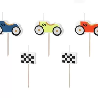 Toppers para bolos com carros coloridos e bandeiras de corrida