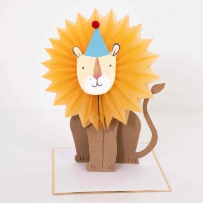 Cartão 3D em forma de leão com chapéu de festa azul